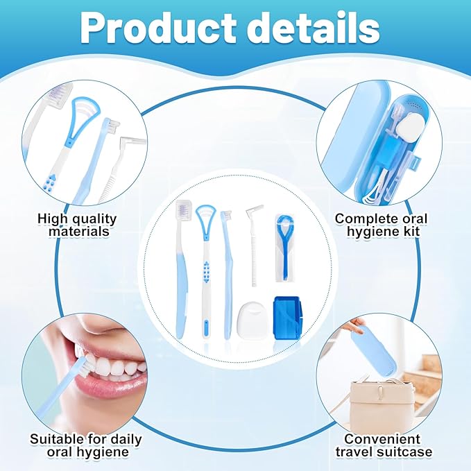 7-in-1 Travel Oral Care Kit with Case – Toothbrush, Tongue Scraper, Wisdom Toothbrush, Dental Floss, Floss Threaders, Interdental Brush, Dental Wax, Portable Hygiene Set for Daily Use Travel (Blue)