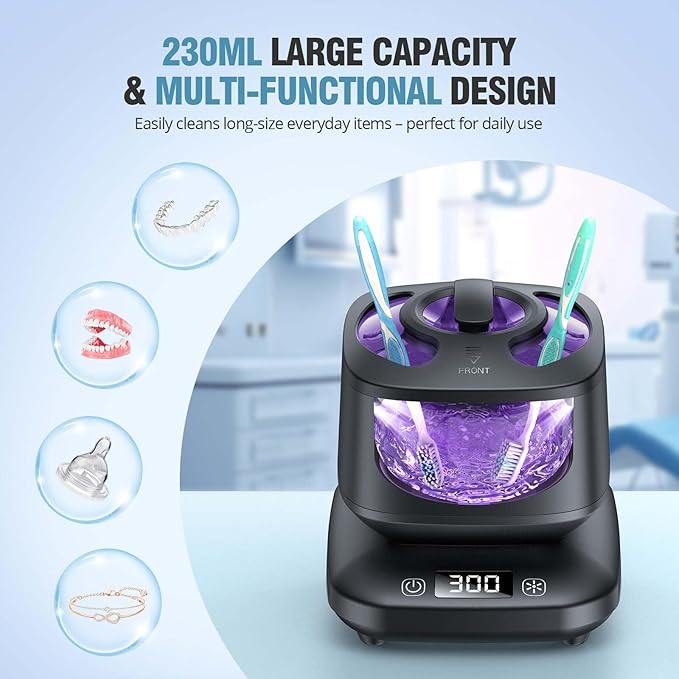 Ultrasonic Retainer Cleaner, Detachable 45kHz Retainer Cleaner Machine 3 Modes Dental Cleaning Pod with Visible Window Digital Timer for Mouth Guard, Dentures, Aligner, Braces, Jewelry - Black