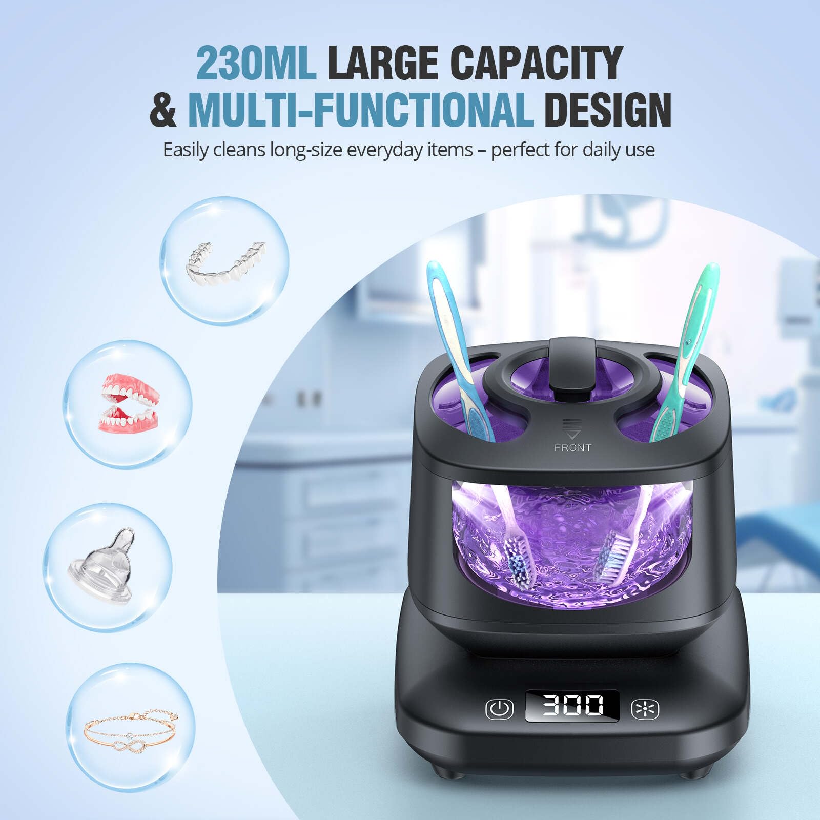 Ultrasonic Retainer Cleaner, Detachable 45kHz Retainer Cleaner Machine 3 Modes Dental Cleaning Pod with Visible Window Digital Timer for Mouth Guard, Dentures, Aligner, Braces, Jewelry - Black