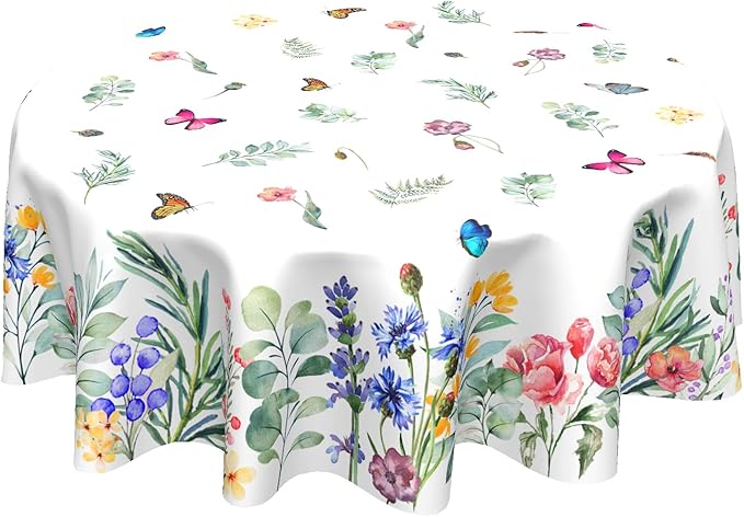 Spring Summer Floral Round Tablecloth 60 Inch Wildflower Butterfly Table Cloth Washable Farmhouse Table Covers Holiday Table Cover for Kitchen Party Dinner Home Decor