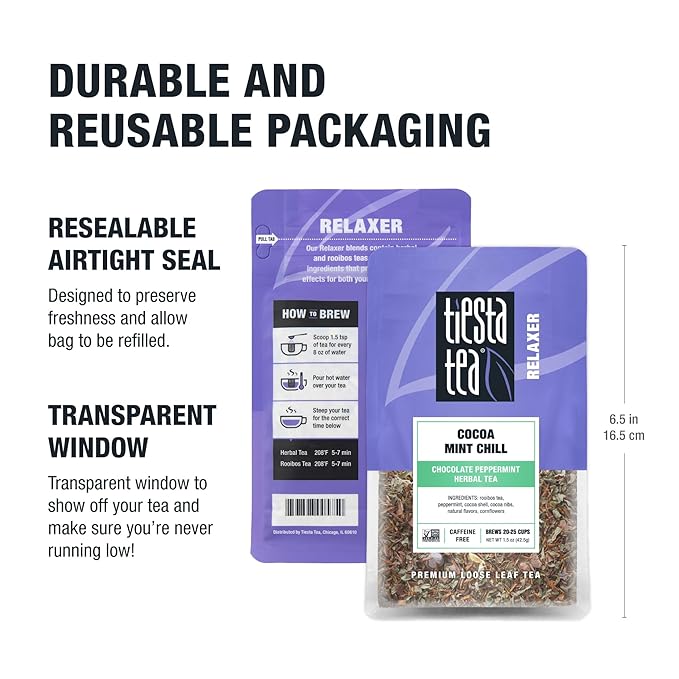 Tiesta Tea Cocoa Mint Chill Loose Leaf Tea, Chocolate Peppermint Herbal Rooibos Blend, Non-Caffeinated, Real Fruit, Herbs, Spices, Hot or Iced Brew, Makes Up to 25 Cups, Resealable Pouch, 1.5 Ounce