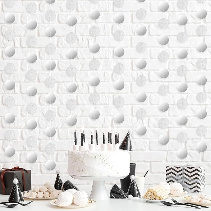 5 Pcs Silver Garland Glitter Silver Circle Dots Garland, PLULON 65 Ft Hanging Paper Polka Dot Streamer Backdrop Banner for Christma Party Decor Birthday Baby Shower Wedding Classroom Stitch