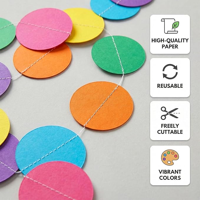 5 Pack Colorful Dots Garland Banner, 65.5 ft Paper Circle Hanging Streamers Rainbow Round Dot Bunting Backdrop for Birthday Classroom Homecoming Wedding Holiday Party Decorations