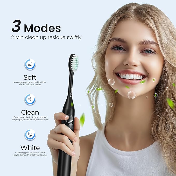 Sonic Electric Toothbrush for Adults - Type C Rechargeable Portable 3 Modes Black Sonic Electric Toothbrush with Travel Kit
