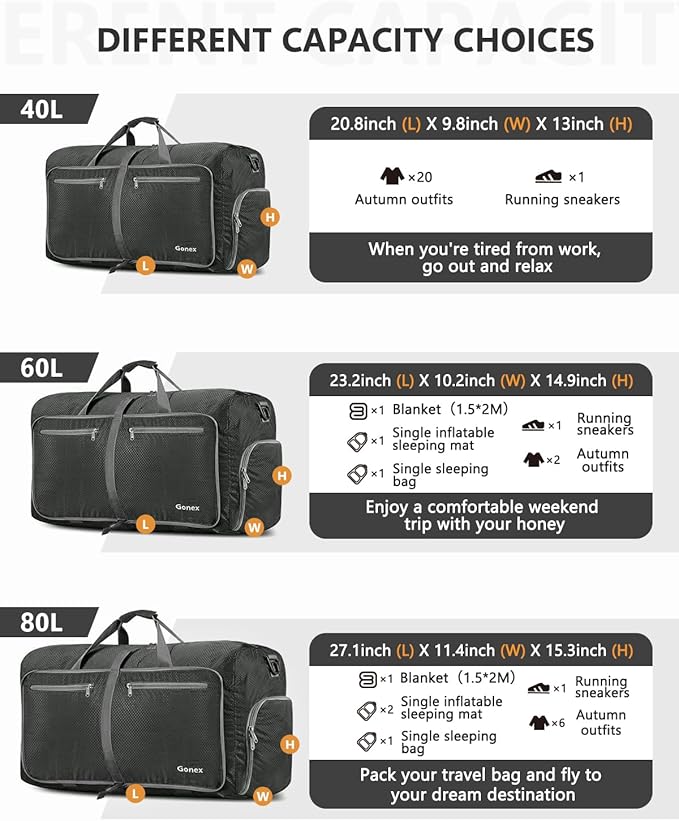 Gonex 40L 60L 80L 100L 150L Large Foldable Travel Duffle Bag with Shoes Compartment, Packable Lightweight Water Repellent Duffel Bag for Camping Gym Weekender Bag