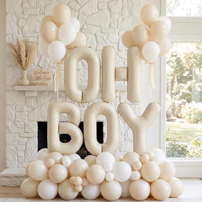 40 Inch Beige Oh Boy Balloons, Large Cream White OH BOY Balloon Letters, Neutral Ivory Sand White Big Alphabet Banner Sign Balloon for Boys Birthday Baby Shower Gender Reveal Party Decorations