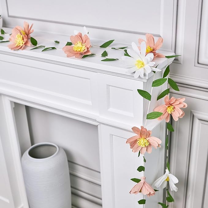 2PCS Paper Flower Garland, Paper Leaves Banner Vine Flowers with Green Leaves Crepe Floral Garland Decorations for Wall Anniversary Wedding Birthday Arch Decor (8.2ft)