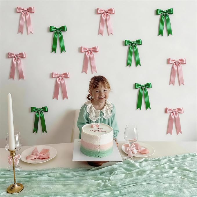 2 Strings Pink & Green Bow Garland Banner Decorations, 16Pcs Pre-Strung Satin Ribbon with 6.7ft Chain for Girls Ribbon Bow Banner Coquette Room Birthday Baby Shower Bachelorette Wedding Party Decor