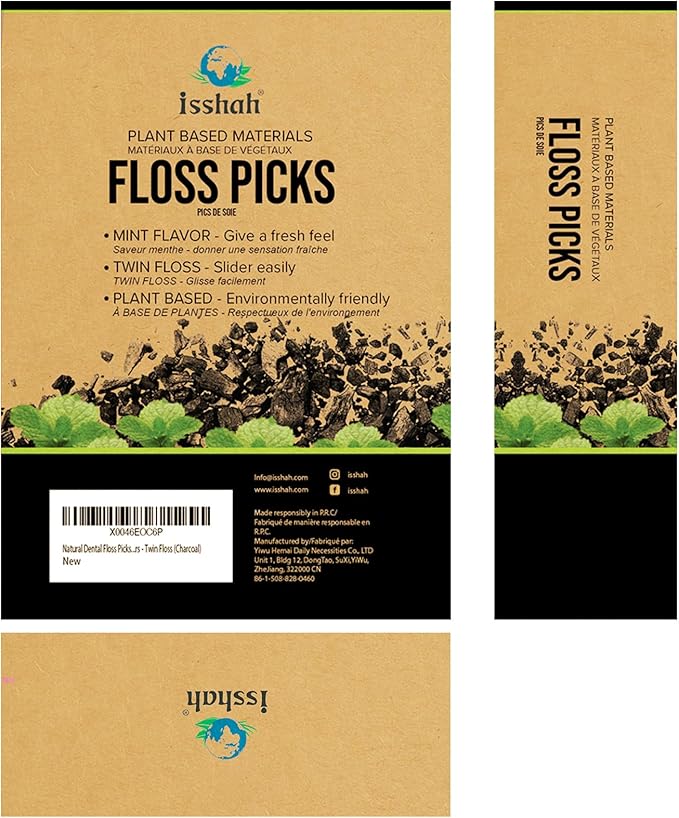 Plant Based Dental Floss Picks (300 Count) - Freshlock EcoPouch, Plant Based, Vegan, Eco Friendly, Sustainable Dental Flossers - Twin Floss (Charcoal)