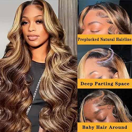 Highlight Ombre Lace Front Wig Human Hair Pre Plucked Body Wave 4/27 Colored Honey Blonde Wigs 13x4 HD Lace Frontal Wigs Human Hair 180 Density Glueless Wigs Human Hair for Women 22 Inch