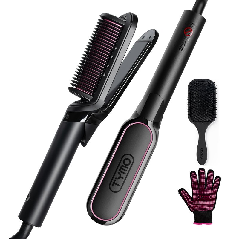 TYMO Flat Iron Hair Straightener Brush 2 in 1, 200M Ions Hair Straighteners for Women, Ceramic Straightening Hot Comb for Anti-Frizz Straights, Waves, Curl, 3X Less Heat Damage, Dual Voltage, Black