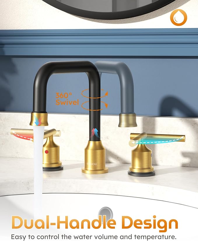 WOWOW Widespread Bathroom Faucet 3 Hole Bathroom Sink Faucet 2 Handle Vanity Faucet 8 Inch with Pop-Up Drain Black and Gold