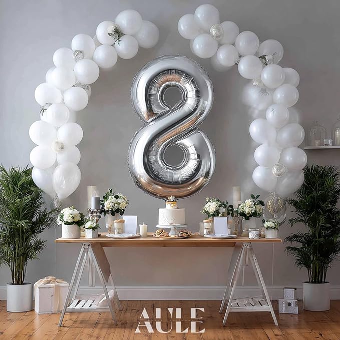 AULE 40 Inch Big Silver 8 Balloon Number Large Foil Helium Number Balloons 0-9 Jumbo Giant Happy 8th Birthday Party Decorations for Boy or Girl Huge Mylar Anniversary Party Supplies
