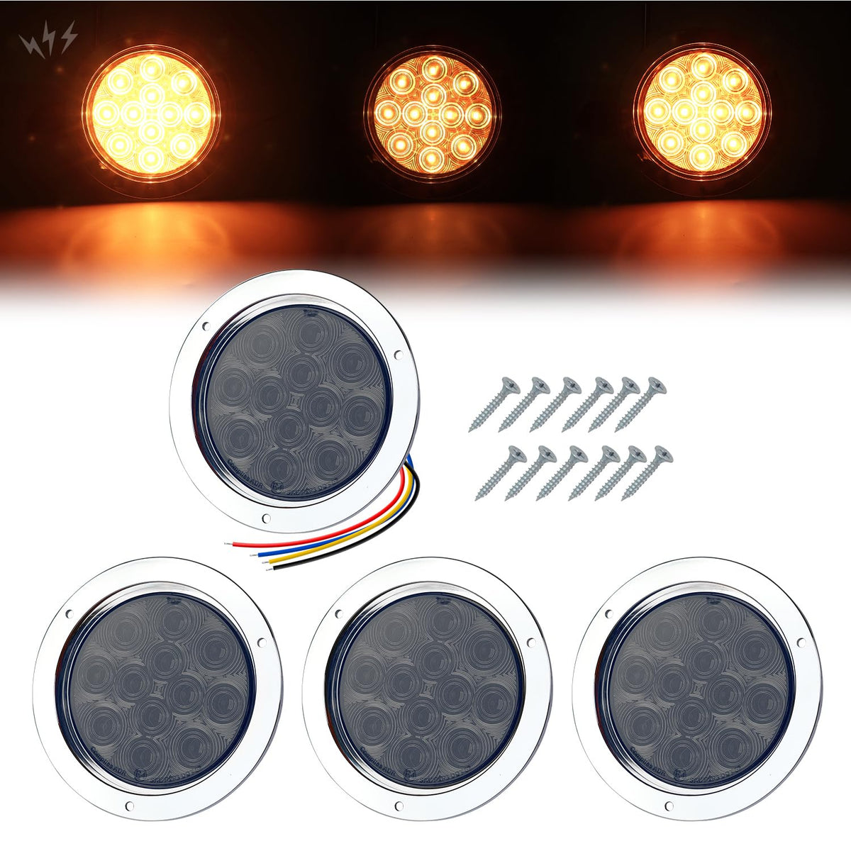 TMH (4 Pack 4 Inch Smoked Lens Amber LED Strobe Trailer Tail Lights, 12 LED Flush Mount, Chrome Bezel, Waterproof, Solid & Flash