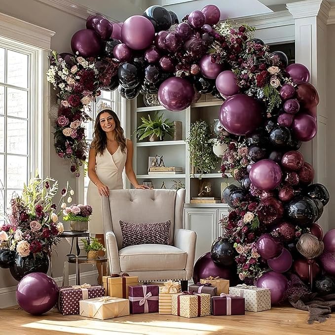 Dark Purple Black Balloons Garland Double Stuffed Black Burgundy Plum Balloon Arch Kit for Gothic Birthday Bridal Shower Mother's Day Graduation Party Decorations