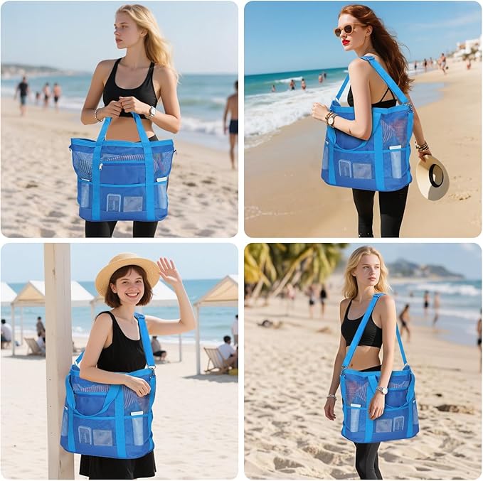 Mesh Beach Bags for Family - Women Beach Tote Bag for Toys, Towels, Travel Vacation Cruise Essentials