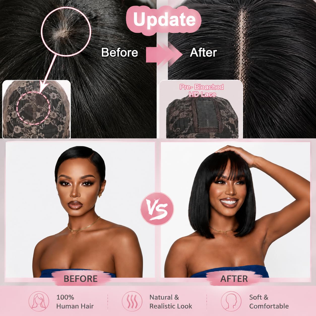 Adyutrlia Straight Bob Wig Human Hair With Bangs Glueless 2x4 HD Lace Colsure Wigs, Ready to Go Human Hair Wig Short Wigs Human Hair For Women Beginner Friendly (Natural Black, 10 Inch)
