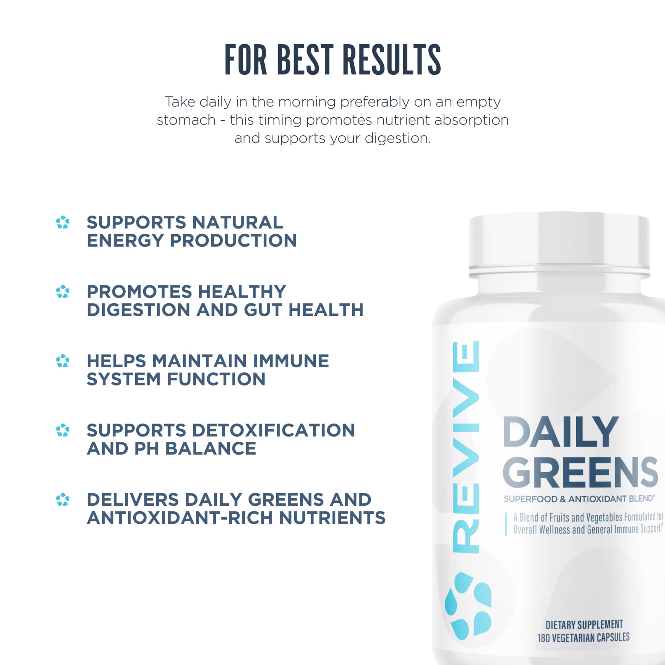 Revive MD Daily Greens Supplement for Men & Women - Superfood & Antioxidant Blend w/Digestive Enzymes, Prebiotics & Probiotics for Immune Support, Digestive & Gut Health - 180 Capsules (60 Servings)
