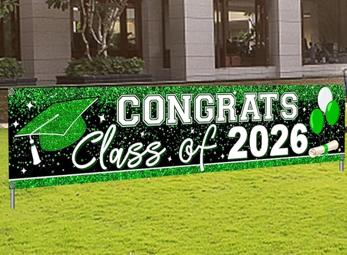 Graduation Decorations 2026 Yard Sign Large Class of 2026 Banner Green Congrats Grad Graduation Party Games Supplies (Green)