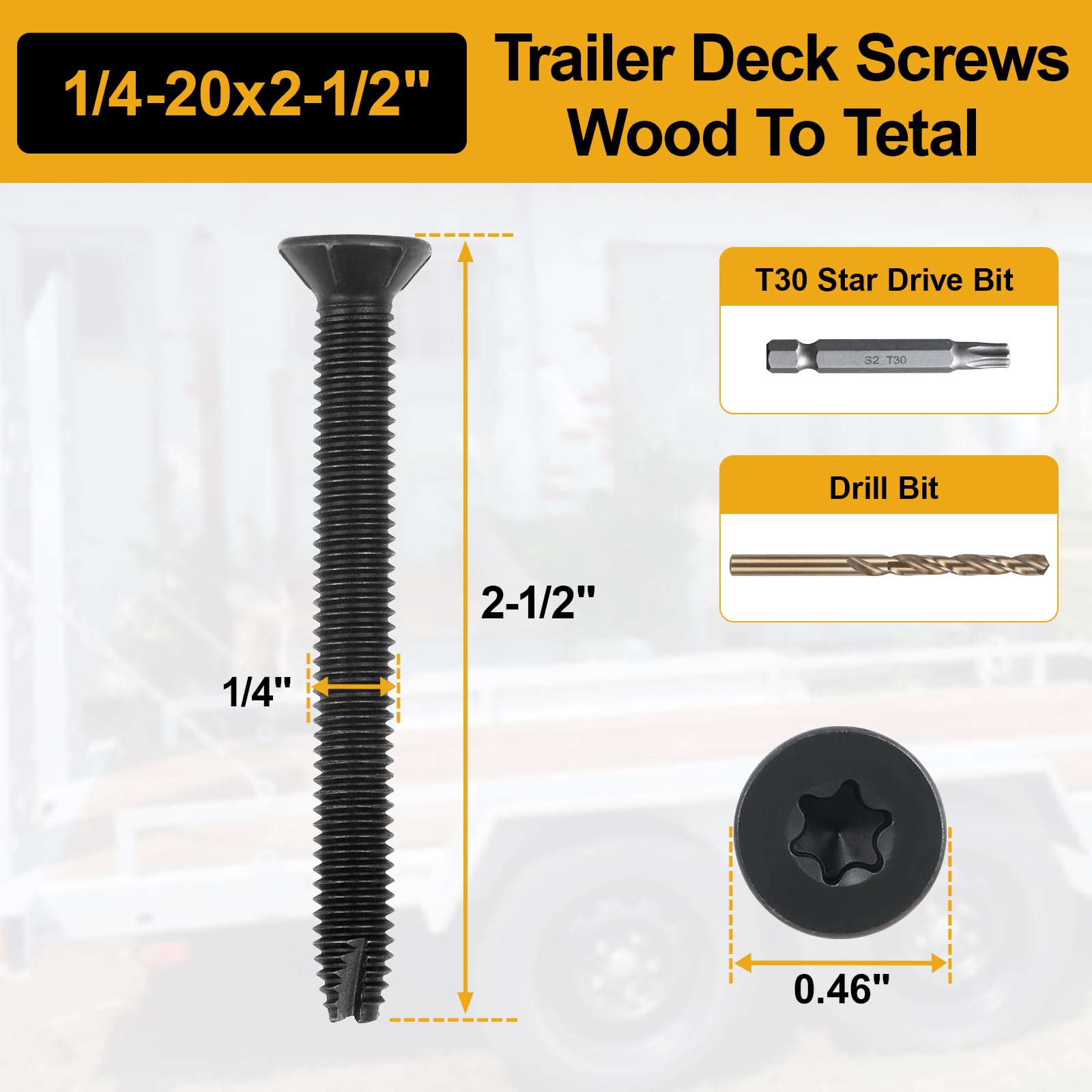 1/4-20 x 2-1/2" Flat Head Thread Cutting Self Drilling Deck Screws, Type 7, Star Drive T-30, Steel Floorboard Thread Cutting Screws for Wood & Metal-300 Pack