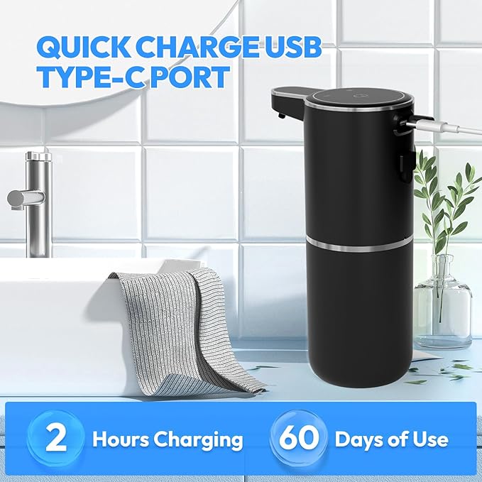 2 Pack Automatic Soap Dispenser Touchless,Liquid Hand Soap Dispenser 12.8oz USB 4levels Adjustable Dispenser Electric Wall Mounted Smart for Bathroom and Kitchen Dish Soap，Easy for Toddlers(Black)