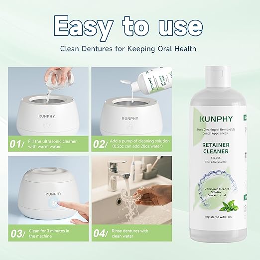 KUNPHY Ultrasonic Retainer Cleaner Solution Concentrate-Professional Cleaning of Retainers, Denture, Invisible Aligners, Mouth Guards, Night Guards, Remove Odors, Discoloration & Stains 8 oz(Mint)