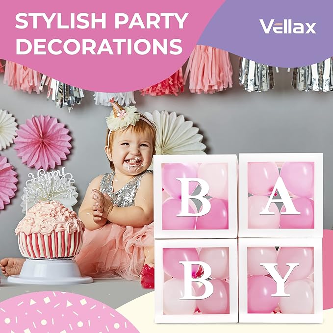 Baby Shower Boxes with Letters – White Boxes with Pink & White Balloons – 44-Piece Gender Reveal & Party Decoration Set by Vellax-Piece Gender Reveal & Party Decoration Set by Vellax