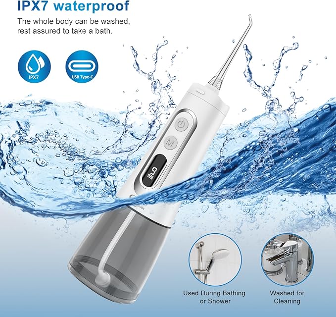 Water Dental Flosser Oral irrigator,JNGOODS 300ml Rechargeable Water flosser for Teeth IPX7 Waterproof 9 Modes Portable Oral Irrigator LED Display with 4 Jet Tips, Travel Home use (White)