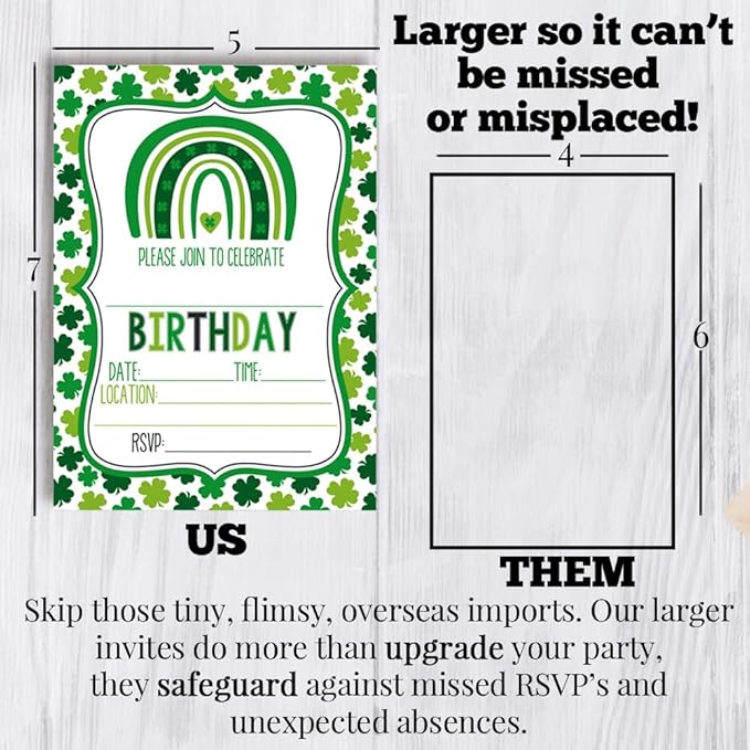 St. Patrick's Day Green Shamrock Rainbow Themed Birthday Party Invitations for Kids, 20 5x7 Fill In Cards with Twenty White Envelopes by AmandaCreation