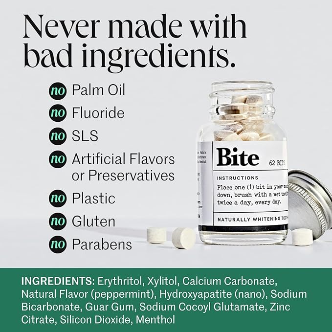 Bite Toothpaste Tablets, Xylitol & 5% Nano Hydroxyapatite Toothpaste Bits for Sensitive Teeth, Fluoride Free Tooth Whitening, Travel Size Dental Care for Adults & Kids, Made in USA, 124 Bits