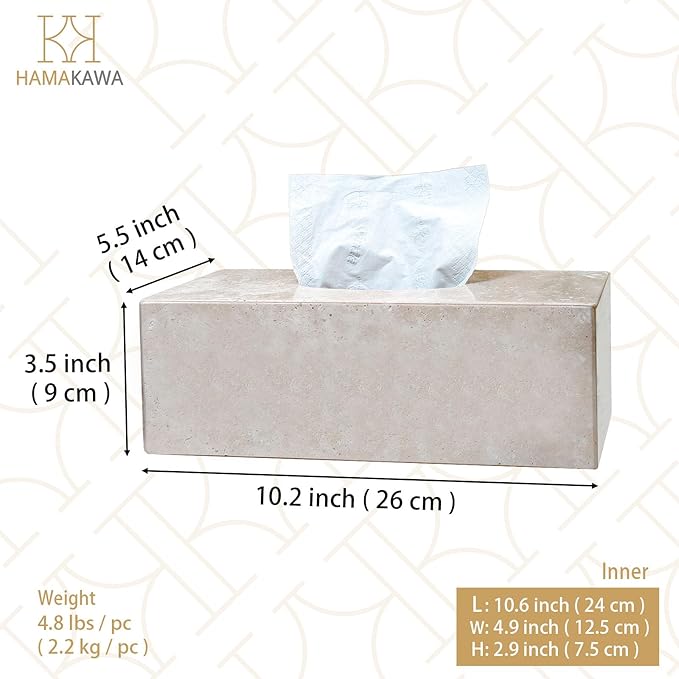 Natural Marble Tissue Box Cover, Beige Tissue Organizer L 10 x W 5.5 x H 3.5 Inch, Heavy Stone Decorative Box, Square Tissue Box Holder for Home Decor, Kitchen, Bathroom