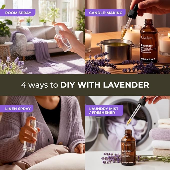Gya Labs Lavender Essential Oil - 4 Fl Oz - for Hair, Skin, Diffuser, Aromatherapy & DIY Candle Making Scent