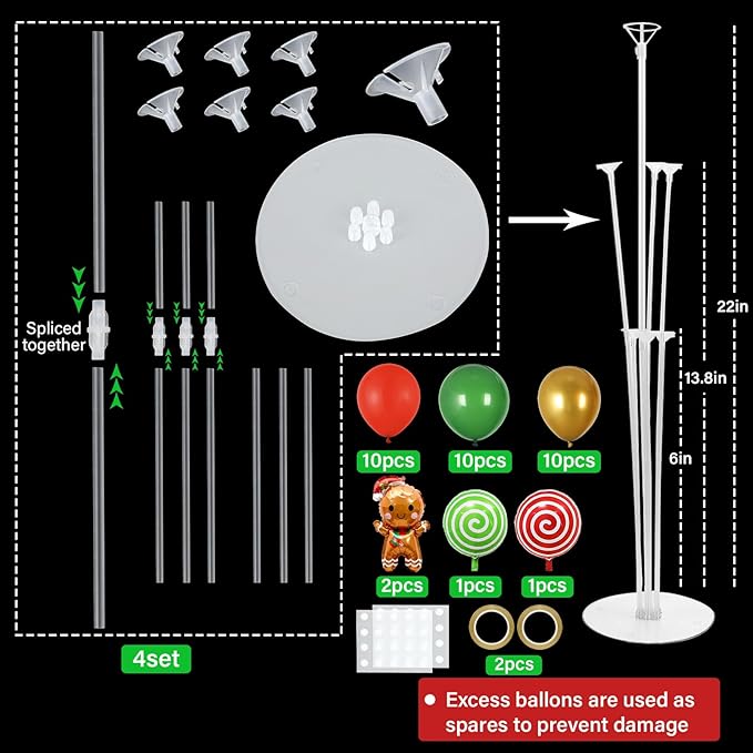 4 Sets Christmas Party Balloons Stand Kit with Gingerbread Man Candy Foil Balloons Party Balloon Centerpiece for Tables for Xmas Holiday Birthday Party Christmas Themed Decorations