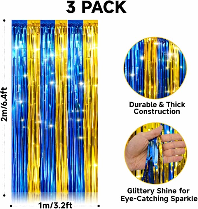 jijAcraft 3 Pack Blue Gold Tinsel Foil Fringe Curtain, Graduation Party Photo Backdrop, Metallic Blue Gold Foil Streamers for Graduation Prom School Decor Boy Birthday Office Party Decorations