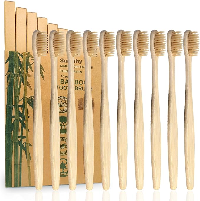 10 Pack Beige Bamboo Toothbrushes | Biodegradable & Compostable Eco-Friendly Natural Bamboo Charcoal Toothbrushes | BPA Free Soft Bristles Wooden Toothbrush - 100% Recycled Packaging
