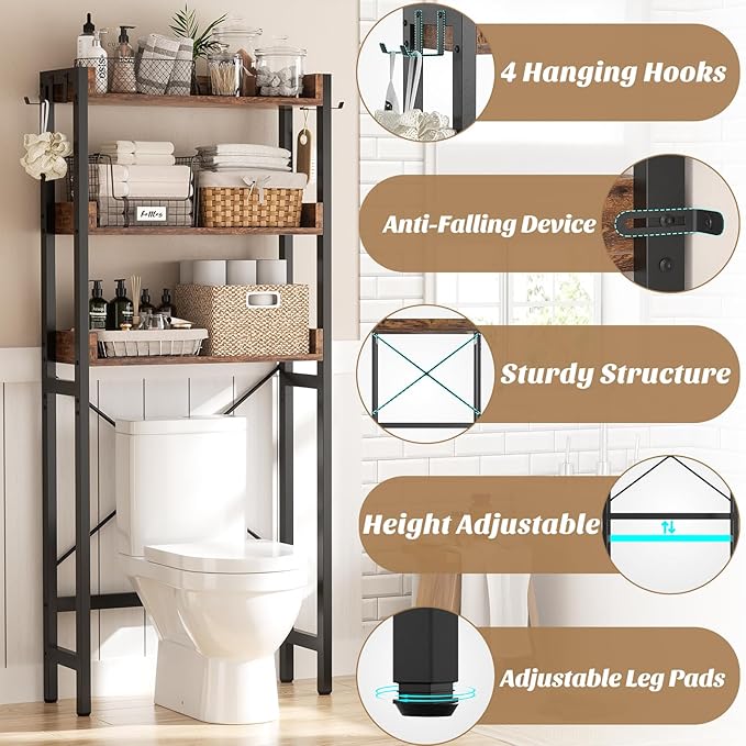 Ecoprsio Over-The-Toilet Storage Rack, 3-Tier Bathroom Organizer Shelf Over Toilet, Freestanding Space Saver Toilet Stands with 4 Hooks, Rustic Brown