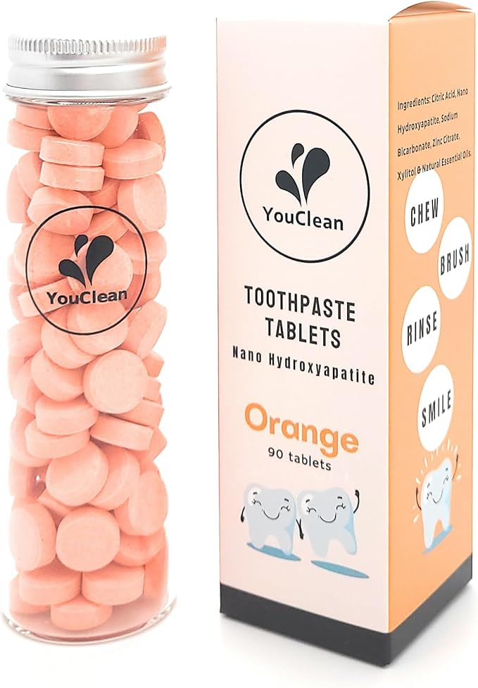 90 Toothpaste Tablets in Refill/Recycle Glass Tube - for Travel and Daily Home Office Use - Nano Hydroxyapatite, Fluoride-Free, Vegan (Orange90)