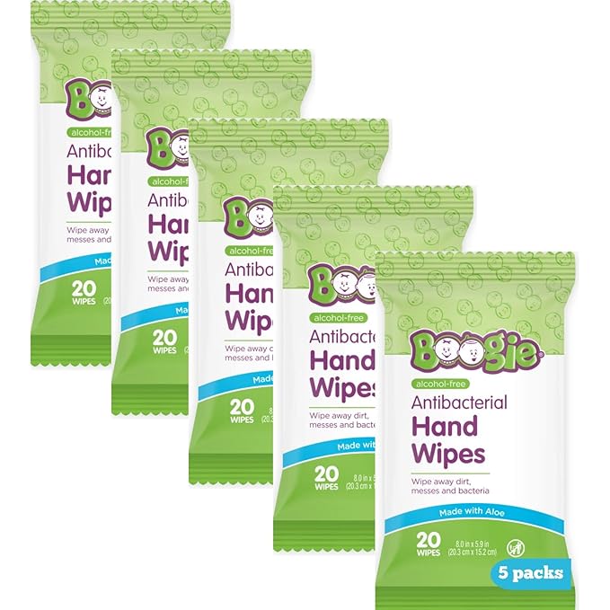 Boogie Antibacterial Hand Wipes by Boogie, Alcohol Free, Hypoallergenic and Moisturizing Aloe, for Kids and Adults -100 Total Wipes (5 Packs of 20)