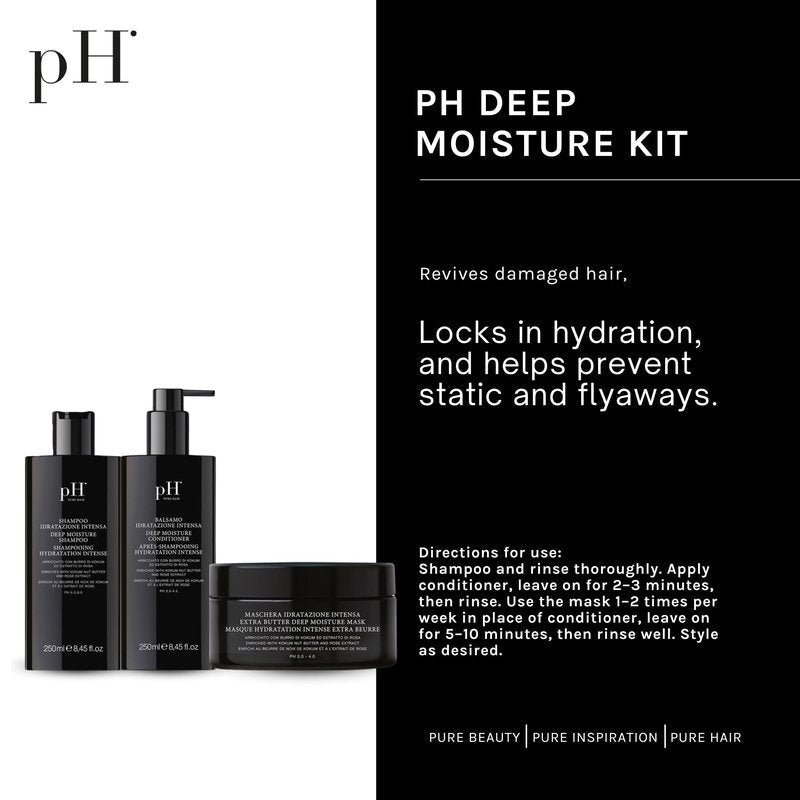 pH PURE HAIR Deep Moisture Set - Deep Moisture Shampoo (8.4 Oz) and Conditioner (8.4 Oz) Set with Extra Butter Hair Mask (6.7 Oz) for Damaged & Dry Hair - 3 Piece Kit