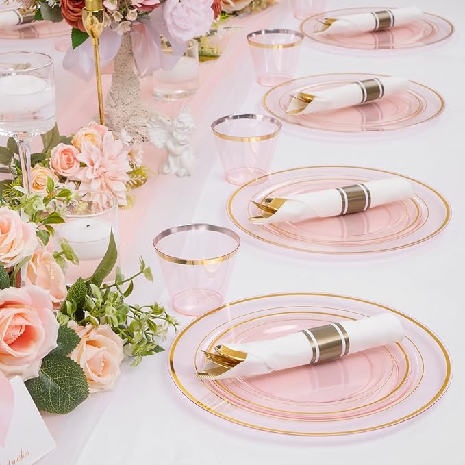 WELLIFE 210Pcs Clear-Pink Plastic Dinnerware- Pink and Gold Plastic Dinnerware include 30 Dinner Plates, 30 Dessert Plates, 90 Gold Silverware, 30 Cups and 30 Napkins Perfect for Parties
