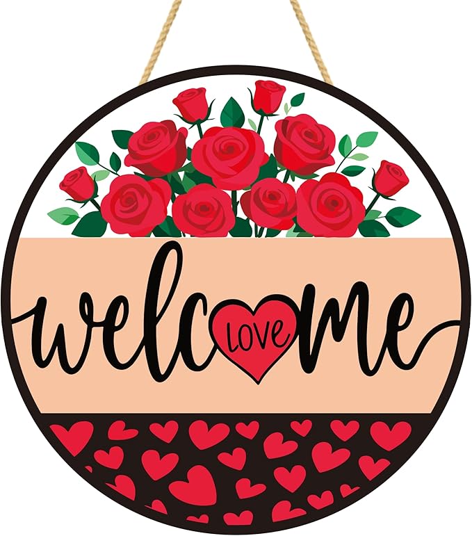 Valentines Day Decorations - Wreath Welcome Sign for Front Door | Rustic Round Wood Wreaths,Heart Rose Garland Outdoor Indoor - Valentines Decor Party Favors Supplies for Door Wall Room Porch Kitchen