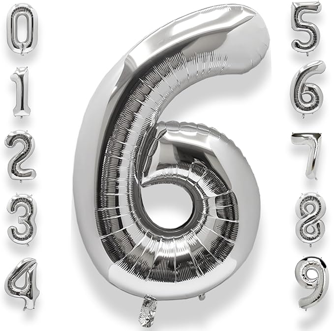 AULE 40 Inch Big Silver 6 Balloon Number Large Foil Helium Number Balloons 0-9 Jumbo Giant Happy 6th Birthday Party Decorations for Boy or Girl Huge Mylar Anniversary Party Supplies