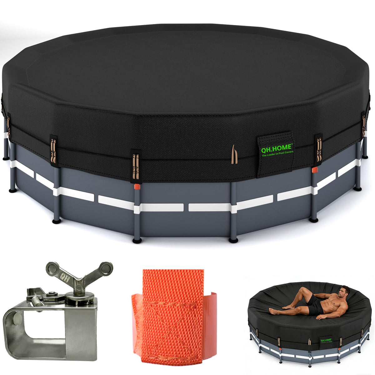QH.HOME 550D 16ft Pool Cover Round[Upgraded Tear Resistant & Quadruple Windproof] wth Pre-Installed Patented Winch and Rope, Pool Covers for Above Ground Pools-Snug Fit & Waterproof Protection