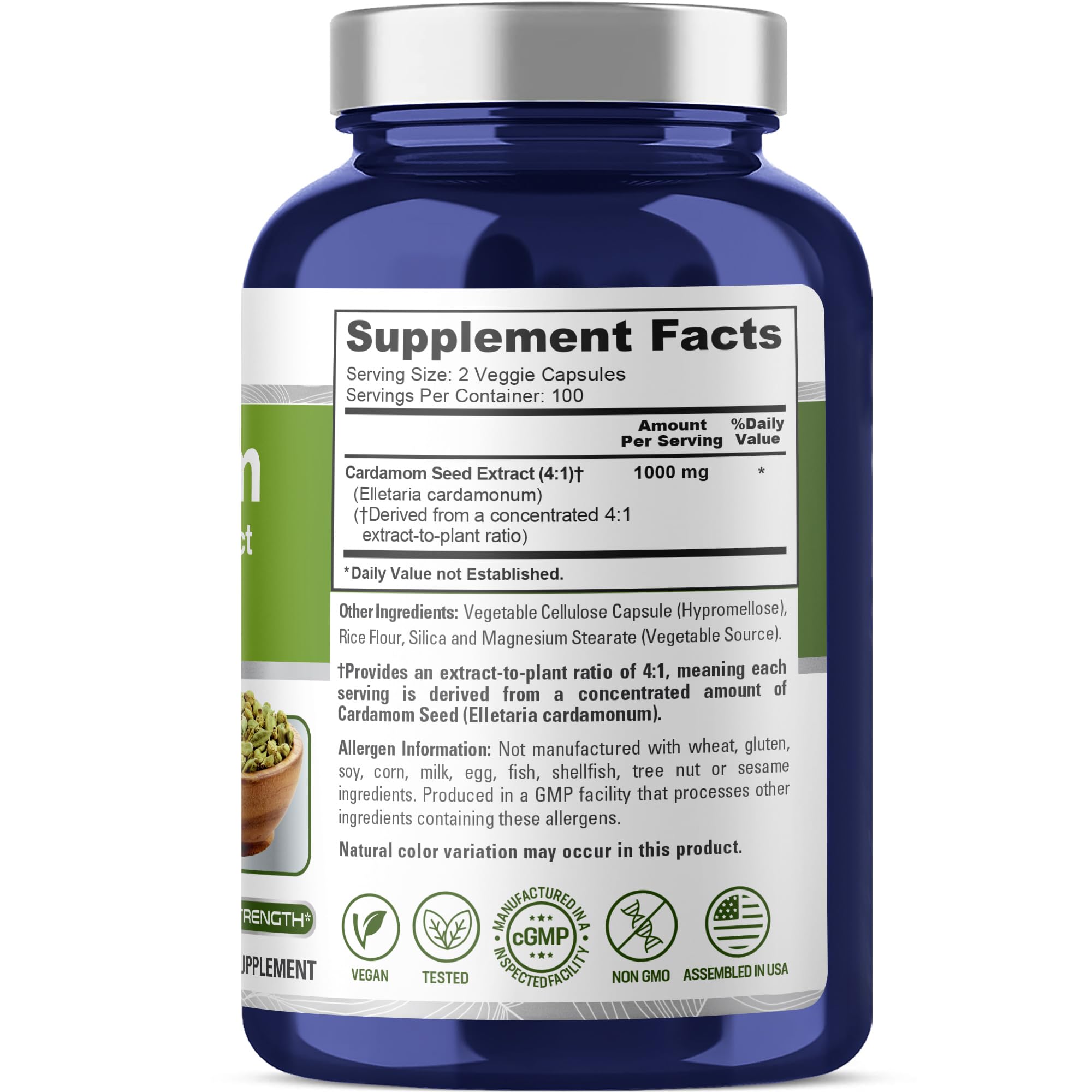 NusaPure Cardamom Capsules, 1000 mg, 200 Veg Capsules (Non-GMO, Vegan)