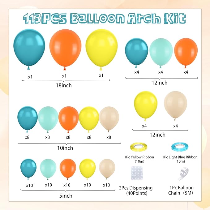 FunHot Blue Yellow and Orange Balloon Arch Garland Kit with Dusty Blue Teal Sand White Latex Balloons For Boho Sun Boy Birthday Son Baby Shower Decorations