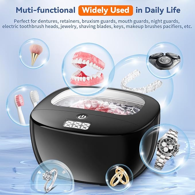 Ultrasonic Retainer Cleaner, 45kHz Dental Cleaning Pod for Dentures, Aligners, Night Guards & Jewelry, 150ML Denture Cleaner 2 Timed Modes & Travel Design (Black, 130ML Ultrasonic Machine)