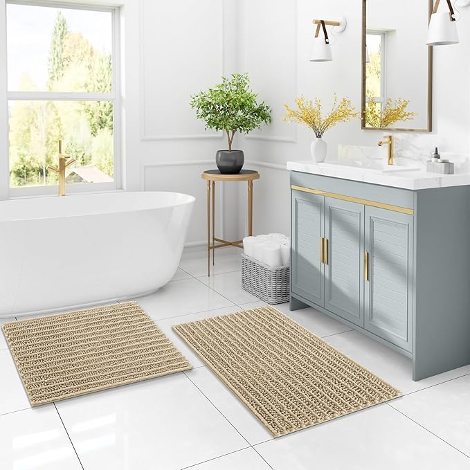 Arotive Luxury Round Chenille Bathroom Rug Mat, Extra Soft Thick Absorbent Shaggy Bath Rugs, Non-Slip Machine Wash Dry Plush Bath Mats for Bathroom, Shower and Tub, 24x24, Beige