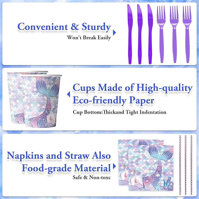 Mermaid Party Supplies Tableware Set,Purple Birthday Decoration Including Plates Napkins Cups Invitation Cards Banners Tablecloths Knife Fork Straws for Party Baby Shower Decorations,Serves 20