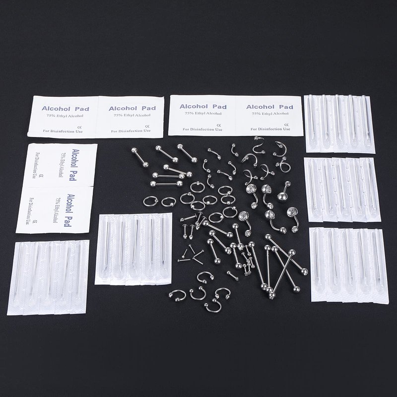 Oveta 100PCS Piercing Kit Stainless Steel 14G 16G 20G Nose Studs Lip Tongue Trague Cartilage Helix Daith Eyebrow Belly Button Ring Body Piercing Jewelry