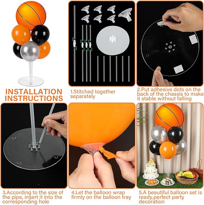 4 Sets Basketball Party Balloons Stand Kit with Basketball Foil Balloons Sport Theme Party Ball Balloon Centerpiece for Tables for Sports Themed Birthday Baby Shower Decoration